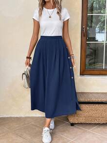 EMERY ROSE High Waist Button Detail Flare Skirt - Navy Blue - View 3