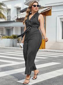 SHEIN Privé Plus Striped Print Belted Wide Leg Jumpsuit