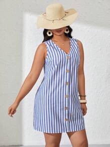 SHEIN VCAY 大碼條紋印花前紐扣洋裝