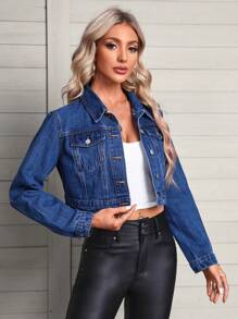 SHEIN LUNE Flap Pocket Crop Denim Jacket - Dark Wash - View 1