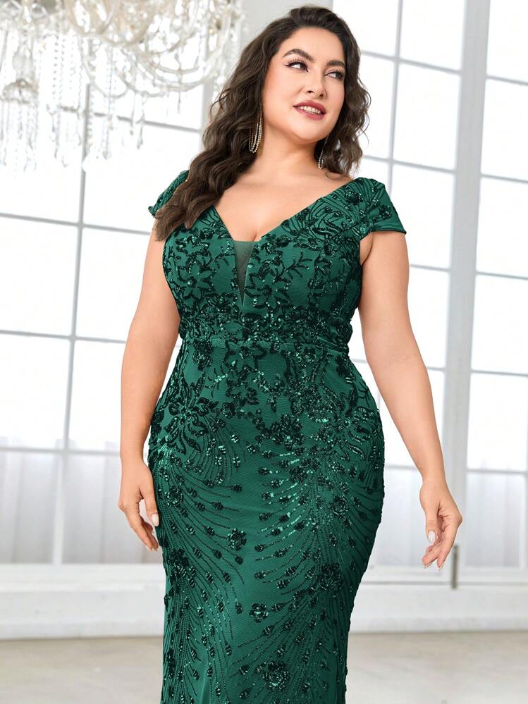 XUIBOL Summer High Quality Elastic Sequin V-Neck Cover Sleeves With Slim Fit And Fishtail Hem Design, Plus Size Featuring A Solid Color Elegant And Luxurious Long Dress For Women, Making Women Younger And More Charming, Suitable For Various Parties, Graduations, Weddings, Events And Various Banquets And Dancing Parties, Formal Ball Gown For Women (Deluxe Edition) - Dark Green - View 3