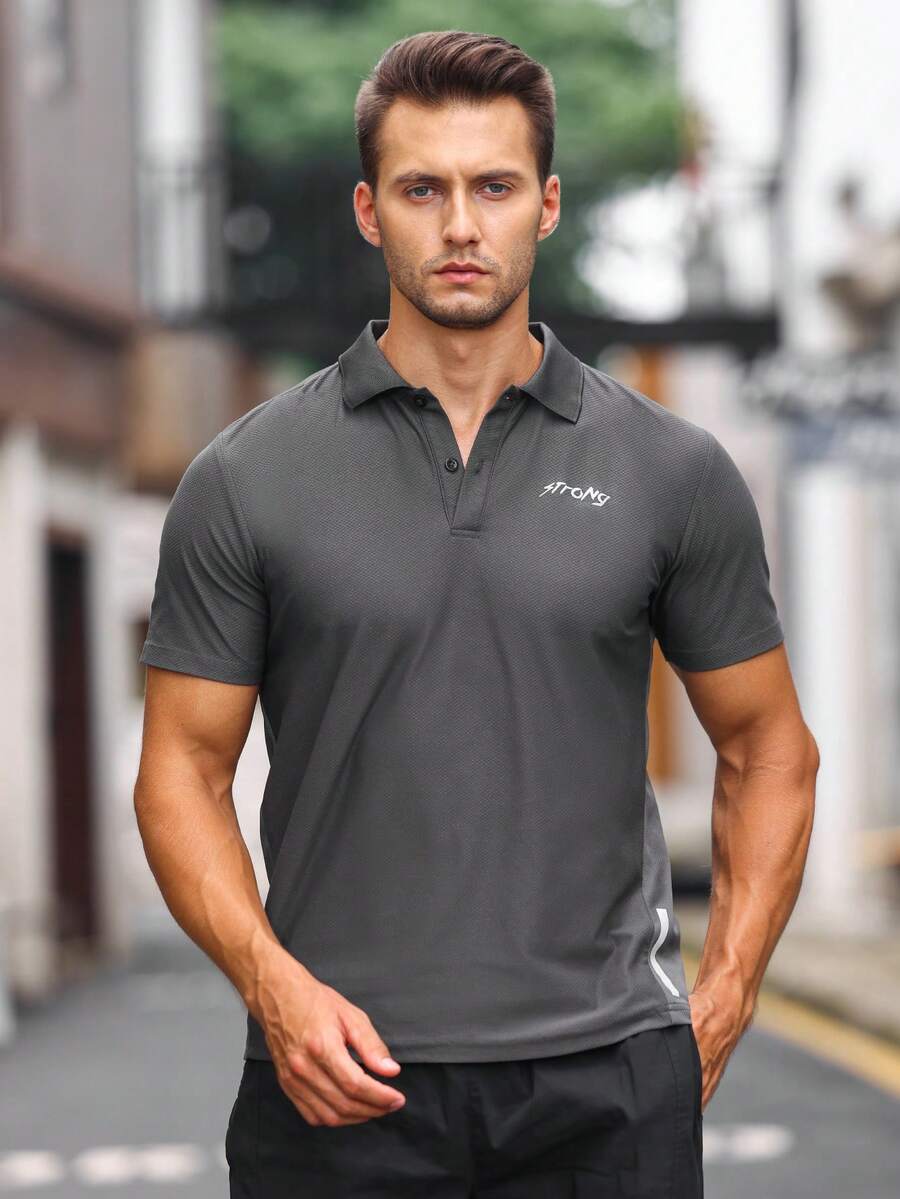 男士字母圖案運動POLO衫 - 深灰色 - 查看 1