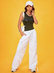 SHEIN Unity Letter Graphic Contrast Binding Tank Bodysuit - Army Green - View 3