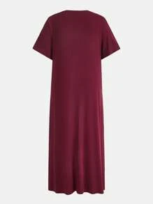 SHEIN BASICS Plus Solid Tee Dress - Burgundy - View 2