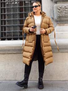 RueChic Plus Drawstring Waist Hooded Puffer Coat - Camel - View 6