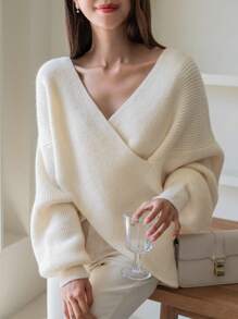 DAZY Solid Drop Shoulder Wrap Sweater,Fall Clothes - White - View 6