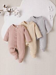 Bebé niña 3 piezas Mameluco homewear de rayas con botón delantero de pie
