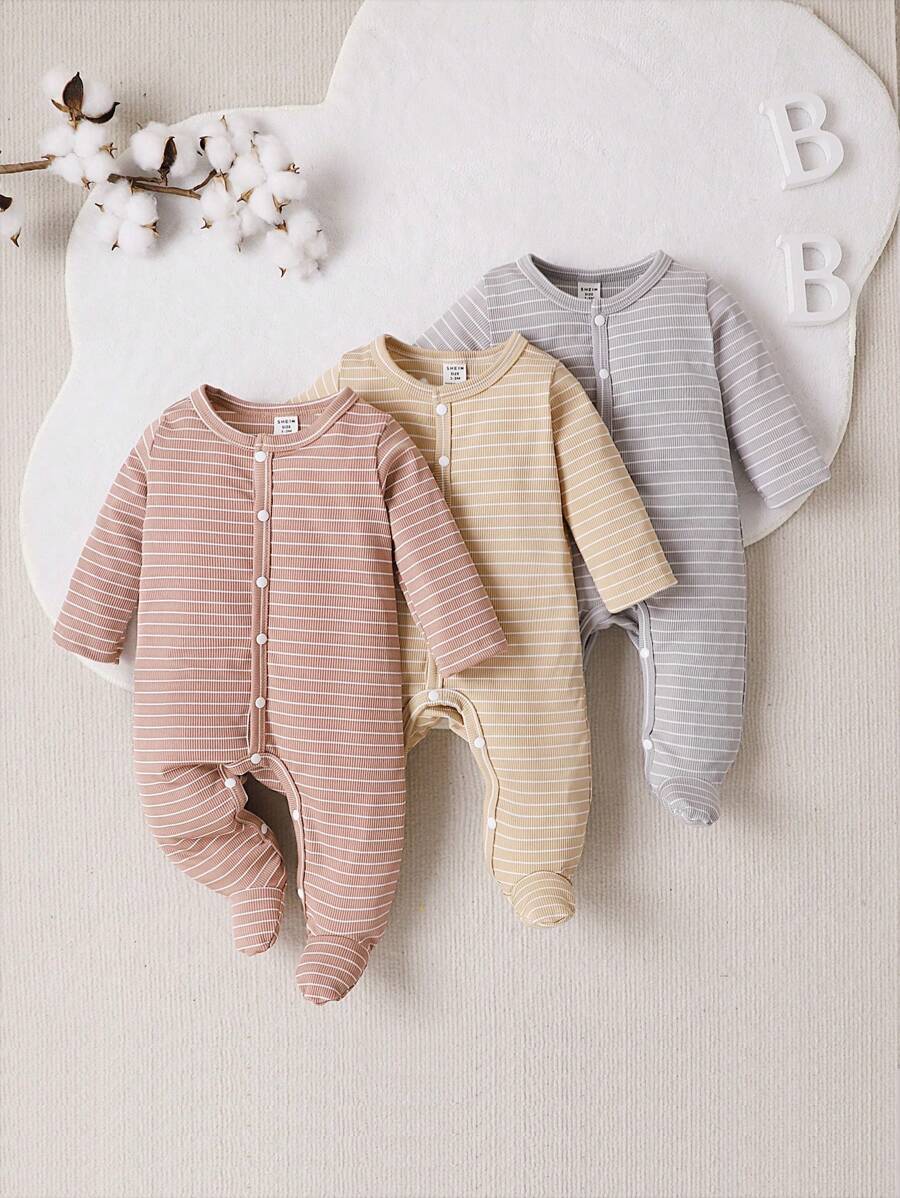 Bebé niña 3 piezas Mameluco homewear de rayas con botón delantero de pie