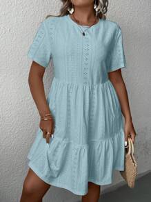 SHEIN LUNE Plus Eyelet Embroidery Ruffle Hem Smock Dress - Blue - View 5