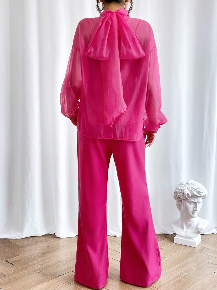 High Neck Drop Shoulder Mesh Top & Flare Leg Pants