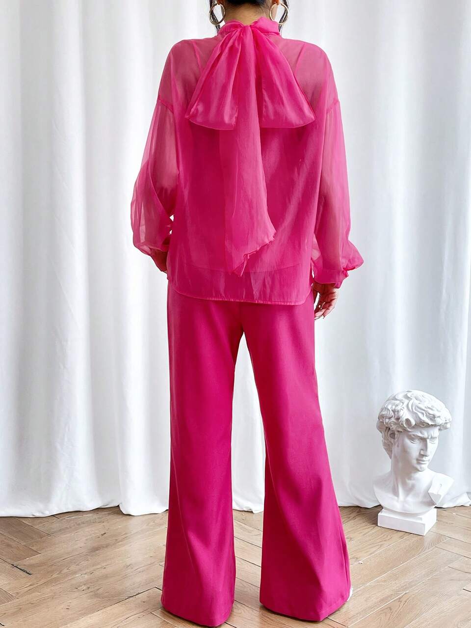 High Neck Drop Shoulder Mesh Top & Flare Leg Pants