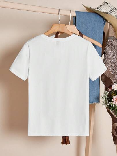 SHEIN Essnce Women's Summer Heart Pattern Short Sleeve Casual Round Neck Fit T-Shirt