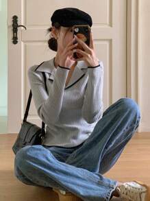 DAZY 女士休闲商务圆领长袖毛衣，适合秋季，长袖上衣 - 灰色 - 查看 4