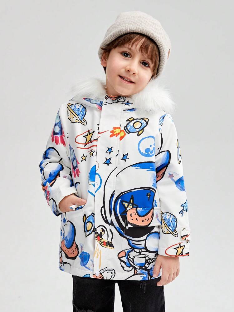 Kleine Jungen Lässig süße Astronaut Cartoon Muster Cord Innenfutter Thermik Kapuzen Wärme Jacke mit hohem Kragen