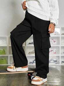 SHEIN Leap Crew Tween Boy Angled Patch Pocket Design 3D Cargo Pockets Loose Straight Leg Cargo Pants - Black - View 5