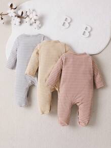 Bebé niña 3 piezas Mameluco homewear de rayas con botón delantero de pie