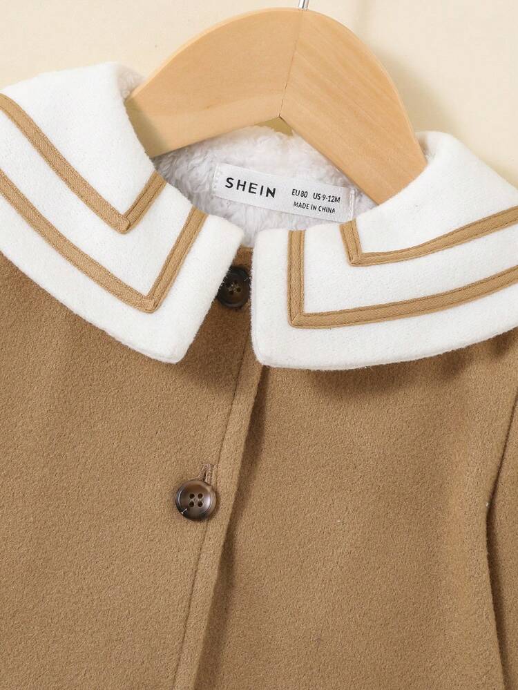 Baby Girl Statement Collar Striped Trim Dual Pocket Coat