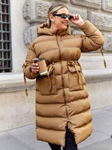 RueChic Plus Drawstring Waist Hooded Puffer Coat - Camel - View 3