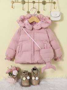 SHEIN Baby Girl Ruffle Trim Flare Sleeve Hooded Jacket & Bag - Dusty Pink - View 1