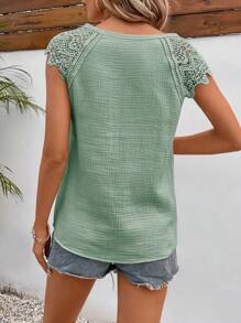 SHEIN Frenchy Women's Round Neck Romantic Elegant Back Tie Texture Fabric Lace Patchwork Hollow Out Detail White Shirt For Wedding Summer Green Casual Christmas - Army Green - View 2