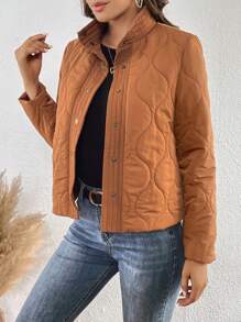SHEIN LUNE Áo khoác đệm chần bông phía trước có nút chắc chắn - Rỉ Nâu - Xem 5