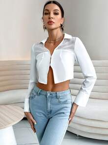 SHEIN Essnce Chất rắn Cắt ra Mùa vụ Áo sơ mi - trắng - Xem 4