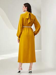 Modelyn Mock Neck Lantern Sleeve Dress Without Belt - Mustard Yellow - View 4