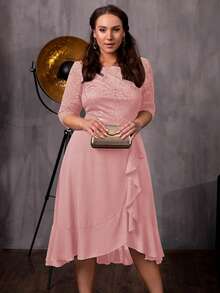 MIUSOL 大碼上身蕾絲荷葉邊酒會擺裙 - 粉色 - 查看 4