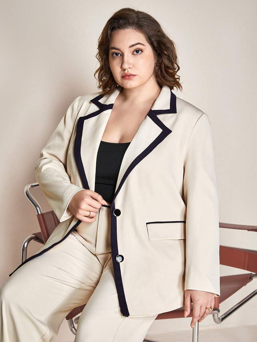 BizChic 大碼撞色滾邊翻蓋細節西裝外套 - 米色 - 查看 1