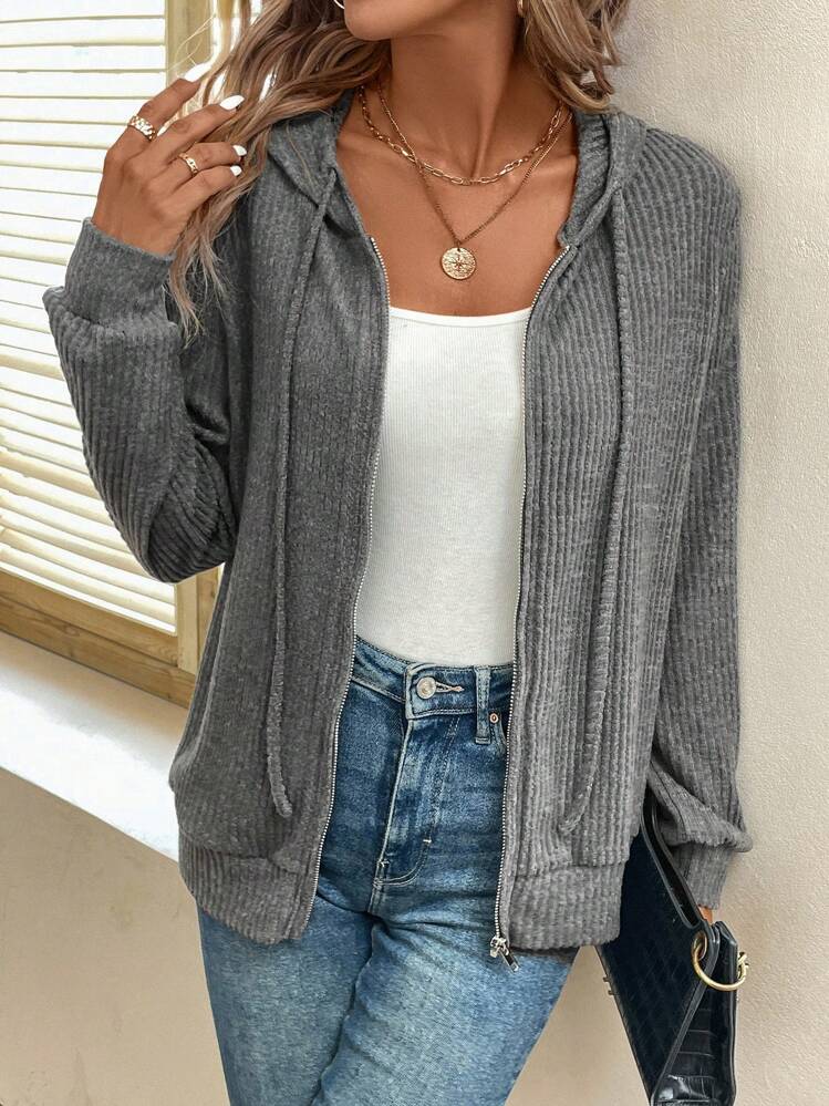 Sport Game Day Tracksuit Women Athleisure Hooded Zipper Front Sweatshirt, Black White Striped Comfortable Casual Sports Tracksuit,Long Sleeve Tops Graduation,Back To School Outfits,Graduation,Teacher Outfits For Women,Back To School In Fall/Winter - Dark Grey - View 1
