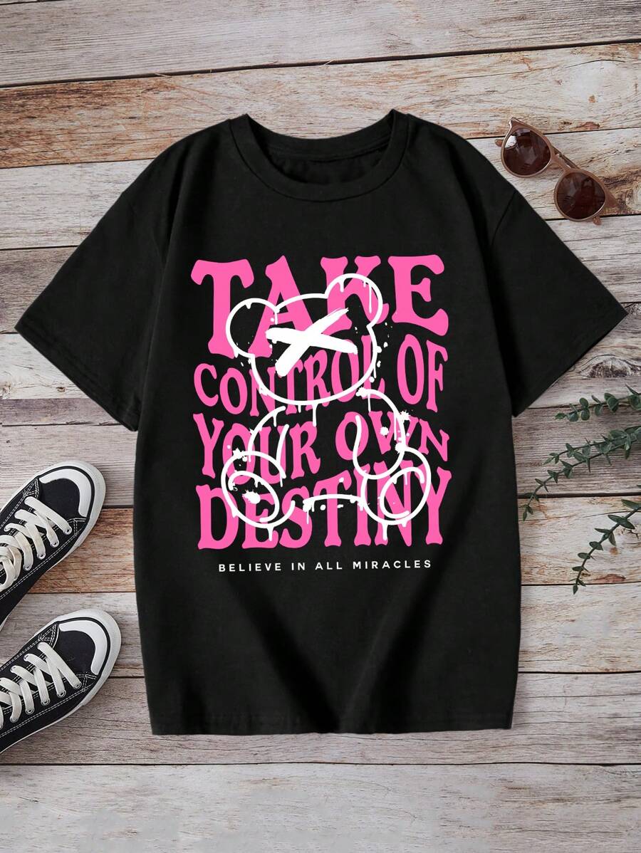 Thiếu niên Cô gái Ngắn tay Vòng cổ Hoạt hình Teddy In Gấu Thương hiệu Áo thun - màu đen - Xem 1