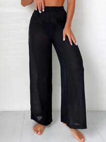 Swim Vcay 素色透視網紗罩衫長褲 - 黑色 - 查看 5