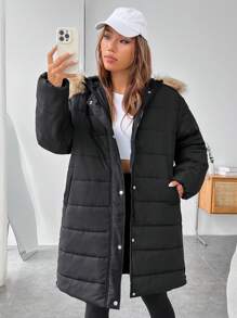 SHEIN EZwear 毛绒装饰连帽夹棉大衣 - 黑色 - 查看 1