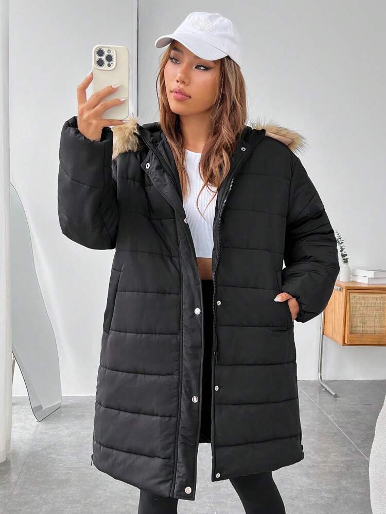 Fuzzy Trim Hooded Padded Coat