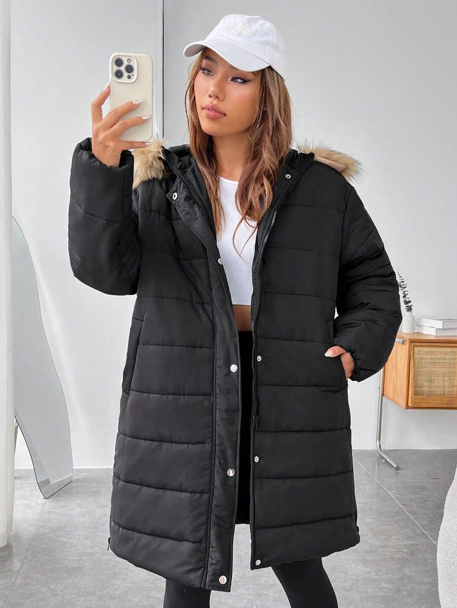SHEIN EZwear 毛绒装饰连帽夹棉大衣 - 黑色 - 查看 1