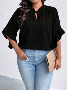 EMERY ROSE Plus Tie Neck Flounce Sleeve Blouse - Black - View 6