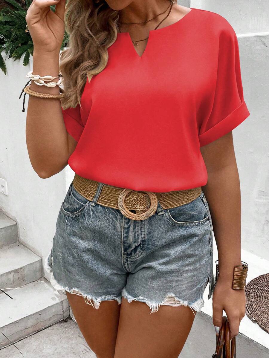 SHEIN LUNE Talla grande Blusa de cuello de muesca de manga murciélago - Rojo - Ver 1