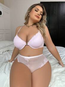 Plus Floral Lace Underwire Lingerie Set - Pink - View 4