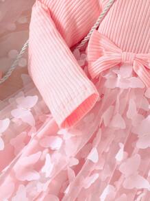 SHEIN Young Girl Butterfly Appliques Ruffle Trim Mesh Hem Dress - Pink - View 7