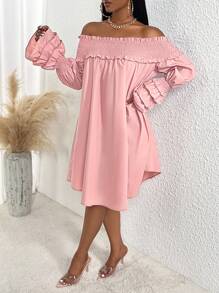 Slaydiva 一字肩喇叭袖打褶細節洋裝 - 淺粉色 - 查看 3