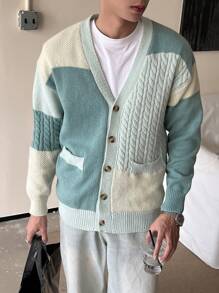 Claim Dot 男士拼色落肩麻花针织开衫 厚实拼色薄荷绿 都市时尚 朋友，男士针织衫，男士开衫毛衣，男士针织衫，男士开衫，男士绿色开衫，秋冬 - 彩色 - 查看 3