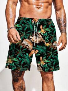 Surfspeed Men Tropical Print Drawstring Waist Swim Trunks,Hawaiian - Multicolor - View 1