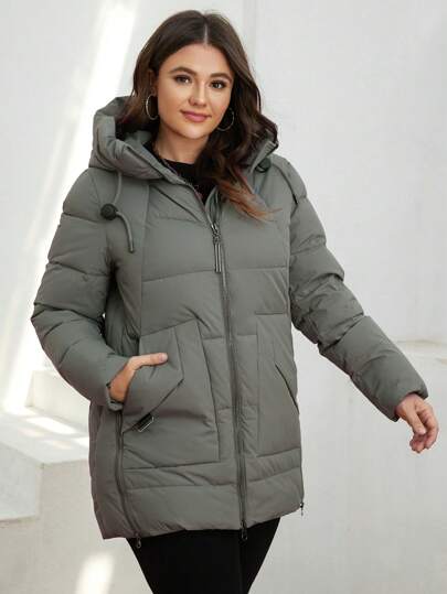 GASMAN 大码女式纯色长袖加厚拉链抽绳连帽冬装外套