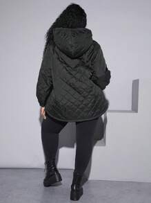 SHEIN CURVE+ Dual Pocket Drop Shoulder Hooded Teddy Lined Quilted Coat Flannels Curve Plus - Black - View 8