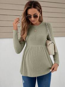 SHEIN 孕婦條紋針織荷葉邊下擺T恤 - 薄荷綠 - 查看 5