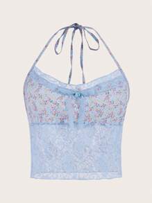 SHEIN EZwear 小碎花蕾絲掛脖上衣 - 淺藍色 - 查看 1