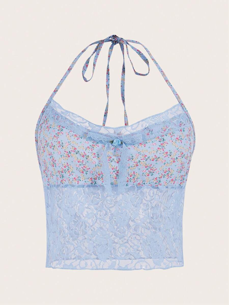 SHEIN EZwear 小碎花蕾絲掛脖上衣 - 淺藍色 - 查看 1