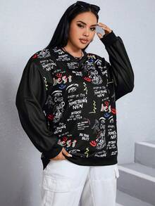 SHEIN EZwear 大碼標語和卡通圖案落肩袖套頭衫 - 黑色 - 查看 4