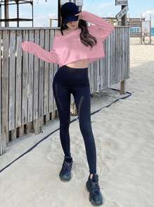 DAZY 1 Áo thun dài tay hở vai màu trơn đơn giản, thời trang xuân/thu, áo trễ vai - Bụi hồng - Xem 4