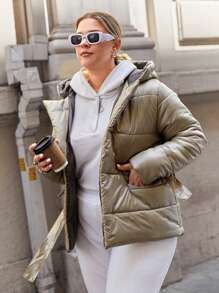 RueChic Plus Belted Hooded Puffer Coat - Olive Green - View 3